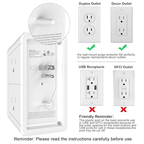 Lvetek 5 Outlet Extender Multi Plug Wall Outlets with 4 USB Charging Ports (1 USB C Outlet), 3 Sided 1680J Surge Protector Power Strip USB Wall Charger for Home, Office, Travel, ETL Listed, White - Image 7