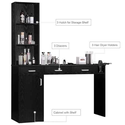 4ever2buy Barber Station for Hair Stylist, Salon Wall Station with Barber Cabinet, Hair Stations Equipment Hair Dryer Holder, Drawers, Wall Mount Barber Beauty Station, Mirror not Included, Black - Image 9