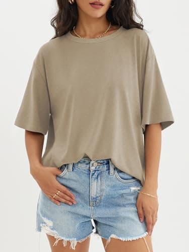 ATHMILE Womens Oversized T Shirts Loose Fit Crewneck Short Sleeve Tops Summer Casual Blouse Y2K 2024 Basic Tee Khaki - Image 5