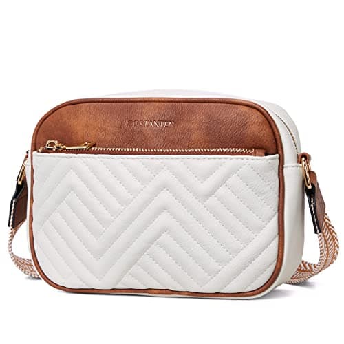 BOSTANTEN Quilted Crossbody Bags for Women Vegan Leather Purses Small Shoulder Handbags with Wide Strap Beige with Brown - Image 7