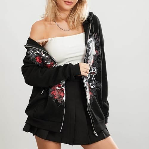 Kodaruber Women Y2K Skull Hoodie Graphic Zip Up Grunge Aesthetic Hoodies Casual Vintage Oversized Sweatshirt Harajuku Jacket(C Black,Medium) - Image 3