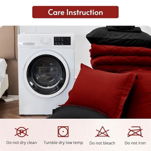 MUXHOMO 7 Pieces Queen Comforter Set, Reversible Bed in a Bag Queen Size, All Season Bedding Set with Comforter, Flat Sheet, Fitted Sheet, Pillowcases & Shams, Red & Black - Image 9