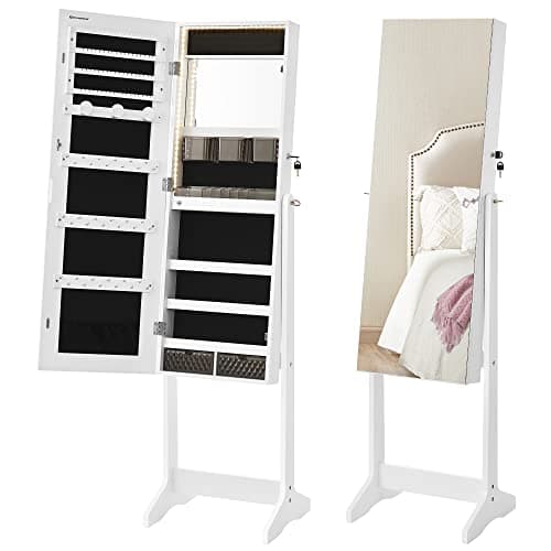 SONGMICS Mirror Jewelry Cabinet Standing Armoire Organizer, Jewelry Storage with Full-Length Frameless LED Lights, Built-in Makeup Mirror, 2 Drawers, Lockable, White UJJC023W01 - Image 10