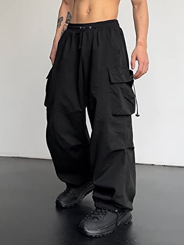 ZAFUL Flat Pocket Parachute Pants for Men Causal Baggy Cargo Pants Unisex Street Y2K Pants Drawstring Trousers Black XXL - Image 4