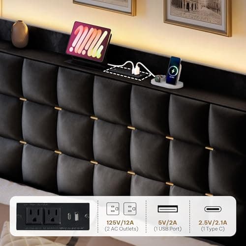 YITAHOME King Size Bed Frame with 3 Storage Drawers and RGB LED Lights, Velvet Upholstered Bed with Charging Station and Storage Headboard, No Box Spring Needed, Easy Assembly, Noise-Free, Black - Image 4