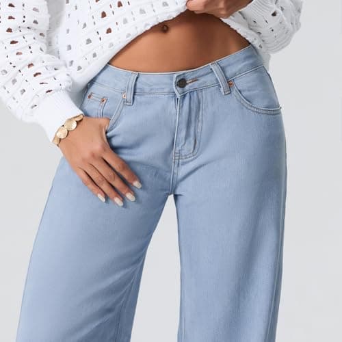Kodaruber Women Y2k Low Rise Baggy Jeans Loose Fit Boyfriend Straight Wide Leg Jeans Trendy Stretch Long Denim Pants(Baby Blue,X-Small) - Image 5
