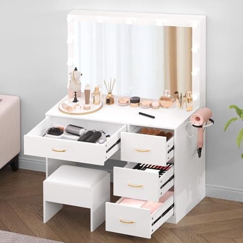 DWVO LED Makeup Vanity Table with 3 Light Modes, 4 Storage Drawers, Built-in Power Outlets & Hairdryer Holder, Dressing Table with Cushioned Stool - Image 2