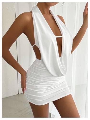 SOLY HUX Women's Sexy Deep V Neck Halter Bodycon Mini Dress Sleeveless Party Club Dresses Pure White Medium - Image 4