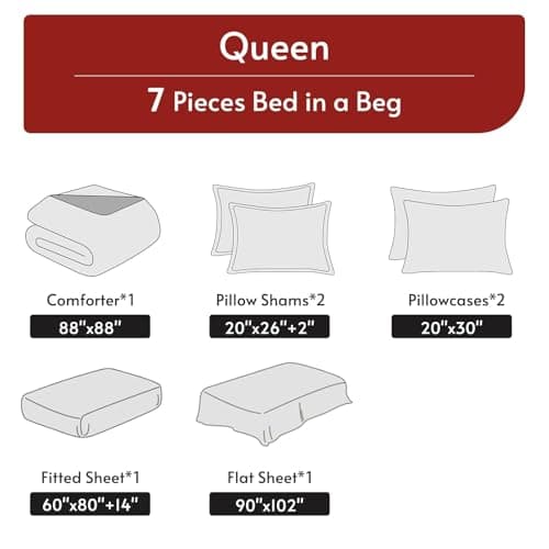 MUXHOMO 7 Pieces Queen Comforter Set, Reversible Bed in a Bag Queen Size, All Season Bedding Set with Comforter, Flat Sheet, Fitted Sheet, Pillowcases & Shams, Red & Black - Image 5