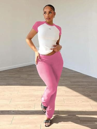 Nimsruc 2 Piece Outfits for Women Casual Sweat Sets Comfy Short Sleeve Matching Tracksuits Pink XL - Image 4