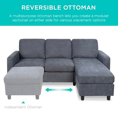 Best Choice Products Upholstered Sectional Sofa for Home, Apartment, Dorm, Bonus Room, Compact Spaces w/Chaise Lounge, 3-Seat, L-Shape Design, Reversible Ottoman Bench, 680lb Capacity - Blue/Gray - Image 4