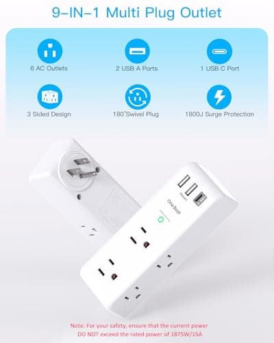 Surge Protector Outlet Extender with Rotating Plug - One Beat 6 AC Multi Plug Outlet with 3 USB Ports (1 USB C), 1800J Wall Charger, 3-Sided Power Strip Spaced Outlet Splitter for Home Office Travel - Image 3