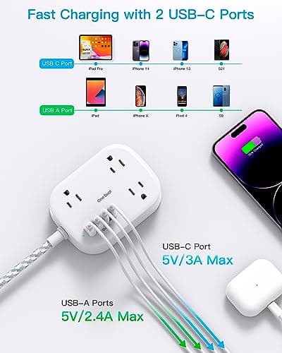 Cruise Essentials 2025,One Beat Travel Power Strip with USB C,Flat Plug Extension Cord with 3 Outlets 4 USB Ports(2 USB C),5 ft Desk Wall Outlet Extender,Non Surge Protector for Cruise,Dorm Room,ETL - Image 5