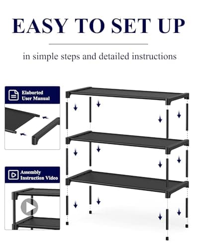 Kitsure Shoe Rack - Non-Woven Shoe Rack Shelf, Shoe Organizer for Closet, Entryway, Garage & Corridor, Stackable Shoe Shelves, 27.5" Wide - 3 Tier, Black - Image 7