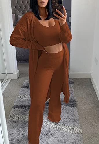 TOLENY 3 Piece Fuzzy Outfits Sets for Women Cardigan Crop Tank Wide Leg Pants Sweatsuit Lounge Sets Brown XL - Image 2