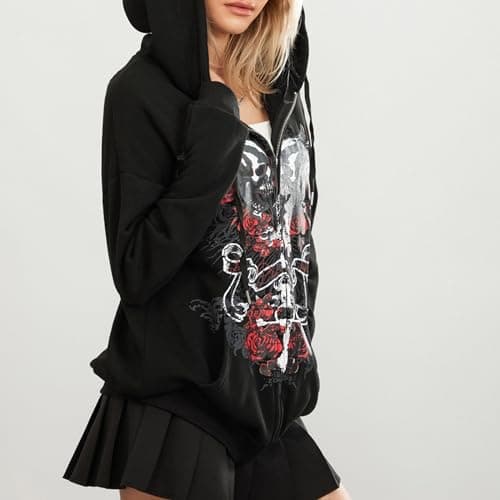 Kodaruber Women Y2K Skull Hoodie Graphic Zip Up Grunge Aesthetic Hoodies Casual Vintage Oversized Sweatshirt Harajuku Jacket(C Black,Medium) - Image 4