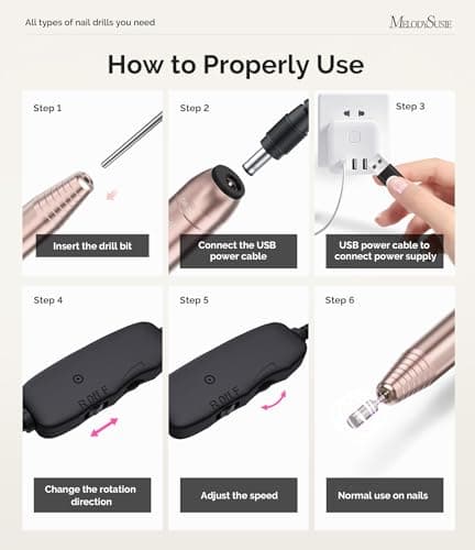 MelodySusie Electric USB Nail Drill Machine,PC120I Portable Electric Nail File Efile Set for Acrylic Gel Nails, Manicure Pedicure Tool with Nail Drill Bits Sanding Bands Gold - Image 5
