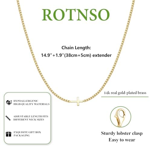 Rotnso Cross Necklace for Women 14K Gold Plated Dainty Small Sideways Cross Pendant Choker Simple Trendy Cute Cross Charm Box Chain Necklace Easter Basket Stuffers Baptism Religious Faith Jewelry Gift - Image 5