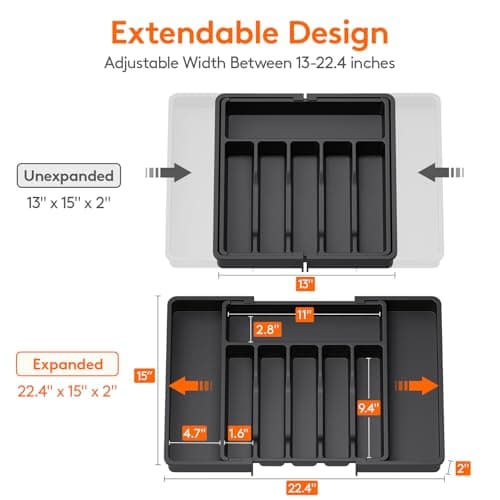 Lifewit Large Silverware Drawer Organizer, Expandable Utensil Tray for Kitchen, BPA Free Flatware and Cutlery Holder, Adjustable Plastic Storage for Spoons Forks Knives, Large, Black - Image 3