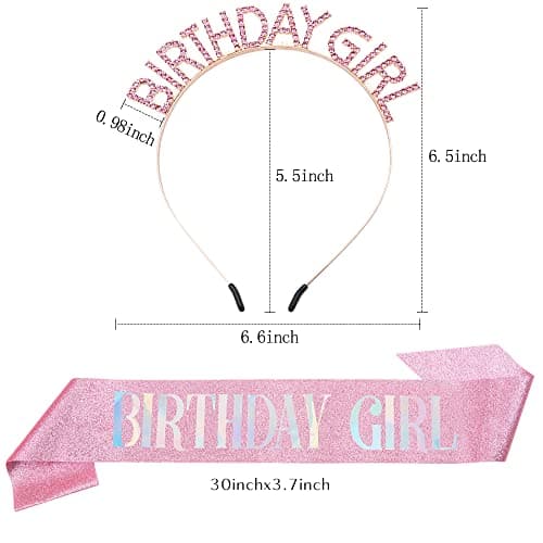 PQRUU Glitter Birthday Sash, Tiara and Rhinestone Headband Set - Pink Birthday Accessories for Her - Image 6