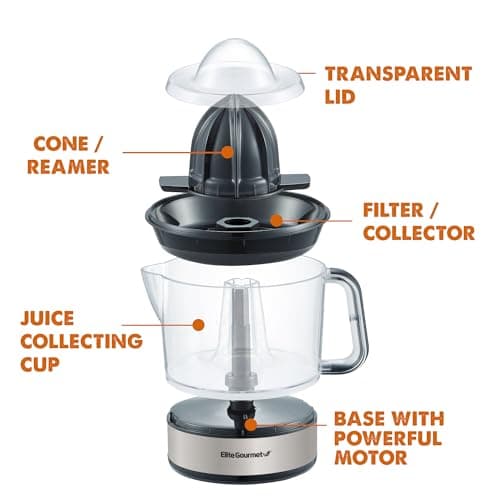 Elite Gourmet ETS623 BPA-Free Electric Citrus Juicer, Compact, Large Volume, Pulp Control, Oranges, Lemons, Limes, Grapefruits with Easy Pour Spout, 24oz, Black/Stainless Steel - Image 2