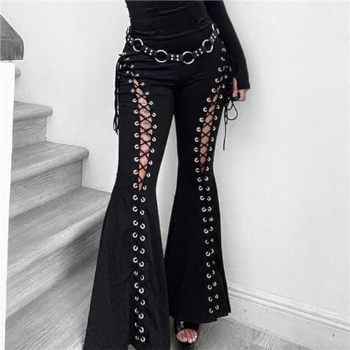 Insgoth Y2k Bell Bottom Pants for Woman Gothic Black Lace-Up Cutout Stretch Punk - Image 3