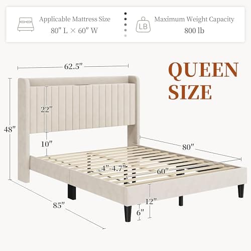 Yaheetech Queen Bed Frame with USB Charging Station and Storage Shelf/Upholstered Headboard Platform Bed with Wing Side/Wooden Slats Support/Noise Free/No Box Spring Needed/Easy Assembly, Beige - Image 2