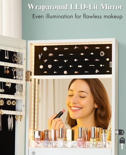 LUXFURNI LED Lights Mirror Jewelry Cabinet Wall Mounted or Door-Hanging, 42" Full Length Mirror with Storage, Built-in Makeup Mirror, Lockable Jewelry Mirror Organizer, White - Image 6