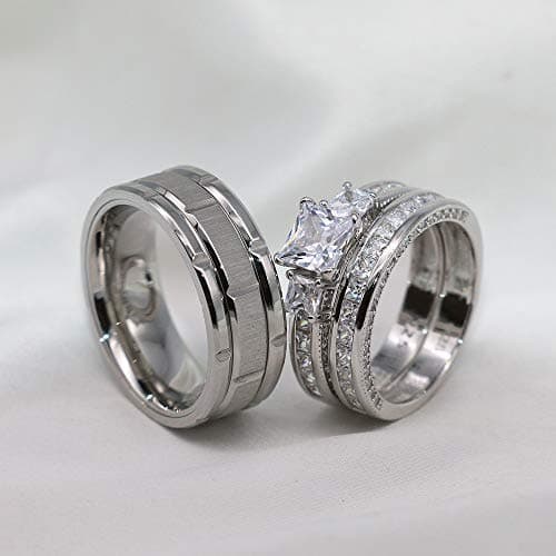 TWO RINGS Wedding Ring Sets His And Hers Promise Ring Couples Bridal Sets Women 925 Sterling Silver square Cz Man Stainless Steel Brushed Finished Wedding Bands - Image 6