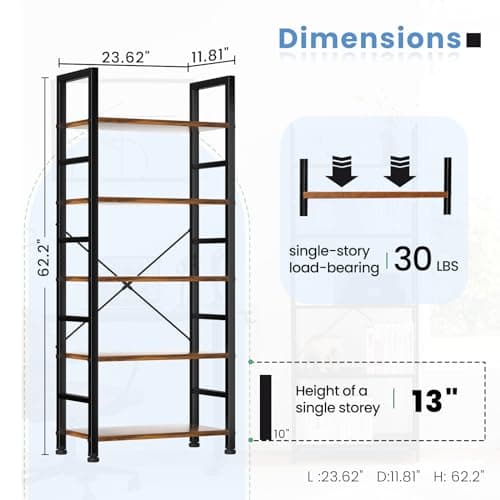 DUMOS 5 Tiers Bookshelf, Classical Modern Book Shelf, Tall Display Shelves in Living Room/Home/Office, Storage Organizer for CDs/Books/Movies, Rustic Brown - Image 2