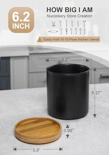 Nucookery 360°Rotating Utensil Holder, 7.2" Kitchen Utensil Crock, Ceramic Cooking Utensil Organizer with Countertop-Protection Cork Bottom for Farmhouse Kitchen Decor Christmas (Stone Black) - Image 4