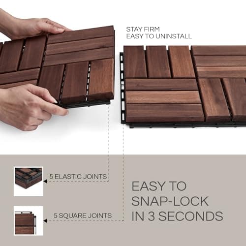 THYOI Deck Tiles, Patio Flooring - Outdoor Waterproof Acacia Wood Tiles for All Weather Use - Balcony, Backyard, Indoor & Outdoor (Dark Brown Crossed Pattern, 10 Pcs - 10 Square Ft) - Image 5
