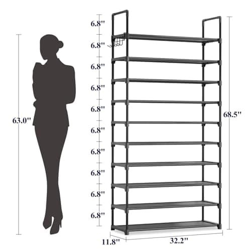 Kitsure Shoe Rack for Closet - 10-Tier Shoe Organizer with Hook Rack, Large-Capacity & Space-Saving Shoe Shelf for Entryway, Bedroom, Living Room,32.2" x 11.8" x 68.5", Black - Image 3