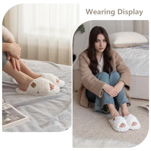GOEWY Fuzzy Open Toe Slippers for Women Indoor and Outdoor with Memory Foam Cozy Cross Band Cute Slipper Soft House Shoes Slides Slip On Gifts for Women Mom Her Ladies Bridesmaid White - Image 2