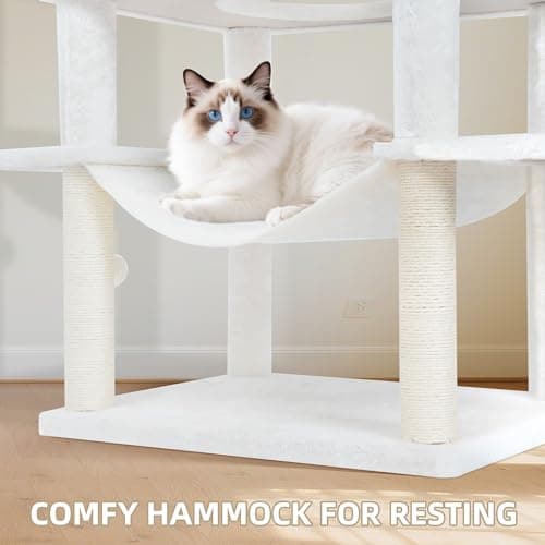 71in Multifunctional Multi-Level Cat Tree Tower for Indoor Cats,Cat Tree with Hammock,2 Condos,2 Hanging Baskets,2 Feather Toys,3 Perches,5 Hanging Balls,7 Scratching Posts,Beige - Image 4