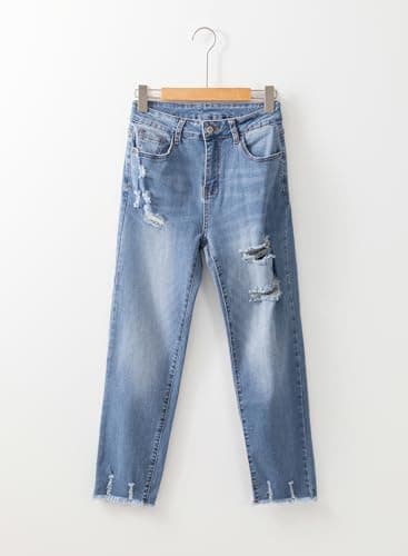 EVALESS Womens Jeans Stretchy High Waisted Pull On Ripped Distressed Jean Tummy Control Straight Ankle Denim Pants Sky Blue Size 8 - Image 5