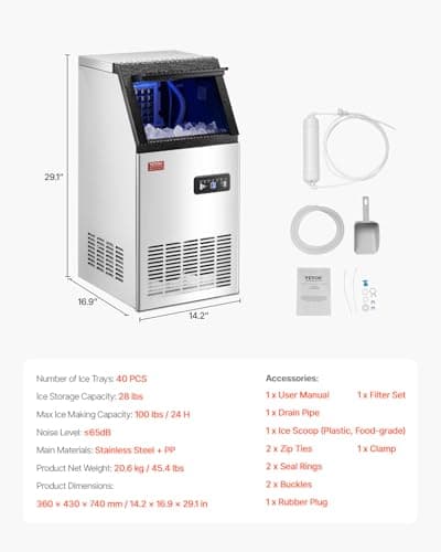 VEVOR Commercial Ice Maker, 100lbs/24H Ice Maker Machine with 28lbs Storage Capacity, 40 Ice Cubes in 15 Minutes, Freestanding Ice Maker for Bar Home Office Restaurant, LED Display, Self-Cleaning - Image 7
