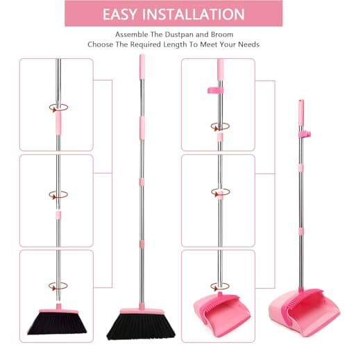XXFLOWER Broom and Dustpan Set, Dustpans with Broom Combo for Home, Heavy Dust Broom and Dustpan Combo, Long Handle Dust Pan and Broom Set for Kitchen, Office, Pet Hair,Pink, Pack of 1 - Image 7