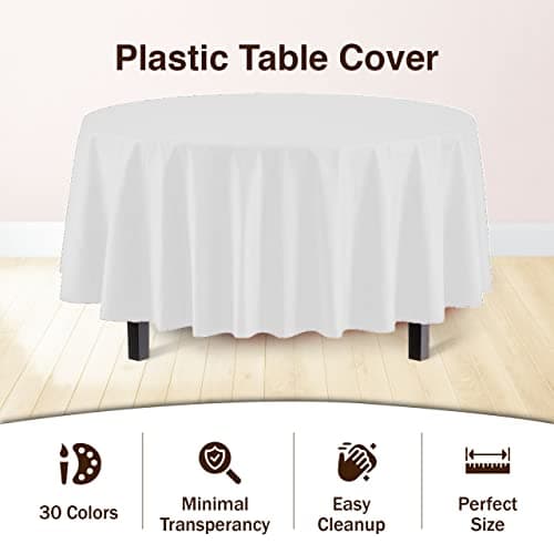 12-Pack Premium Plastic Tablecloth 84in. Round Table Cover - White - Image 3