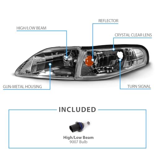 AmeriLite for 1994-1998 Ford Mustang Gun-Metal Replacement Headlights Corner Turn Signal Set - Passenger and Driver Side - Image 4