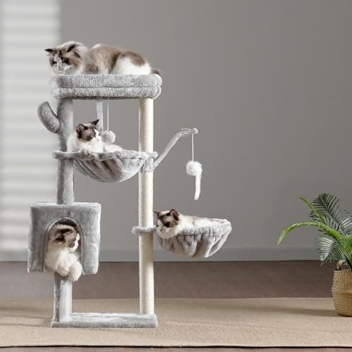 Heybly Cat Tree, 39.4 Inches Tower Condo with Scratching Post, Cat Tower for Indoor Cats, Fully Wrapped Sisal Pole, Soft Platform, 2 Baskets and Dangling Toy, Light Gray HCT006SW - Image 9