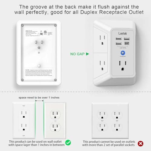 Lvetek 5 Outlet Extender Multi Plug Wall Outlets with 4 USB Charging Ports (1 USB C Outlet), 3 Sided 1680J Surge Protector Power Strip USB Wall Charger for Home, Office, Travel, ETL Listed, White - Image 5