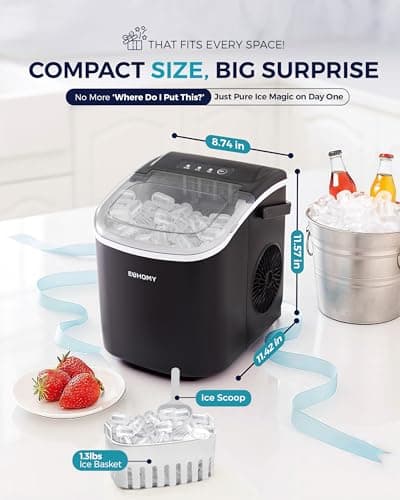 EUHOMY Countertop Ice Maker Machine with Handle, 26lbs in 24Hrs, 9 Ice Cubes Ready in 6 Mins, Auto-Cleaning Portable Ice Maker with Basket and Scoop, for Home/Kitchen/Camping/RV. (Black) - Image 9