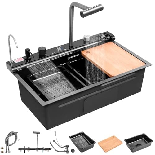 30x18 Dual Waterfall Kitchen Sink,Modern Kitchen Sink with 4 in 1 Faucet,Black Stainless Steel Single Bowl Digital Smart Sink with Pull-Out Faucet,Multifunctional Workstation Sinks with Nano Honeycomb - Image 2