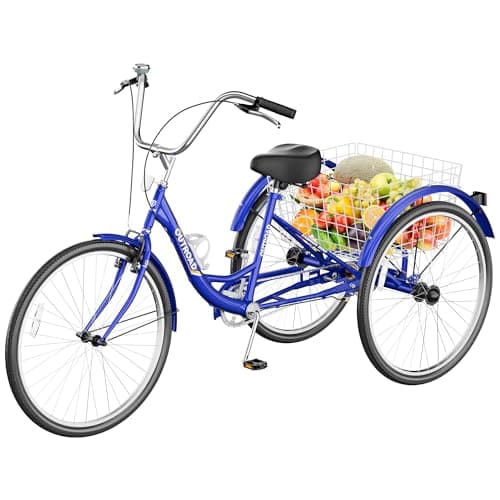 Adult Tricycle with Large Basket 24/26 Inch, Stable 3-Wheel Cruise Bicycle for Shopping, Beach and City Trike Perfect for Men, Women, Seniors(24 Blue)