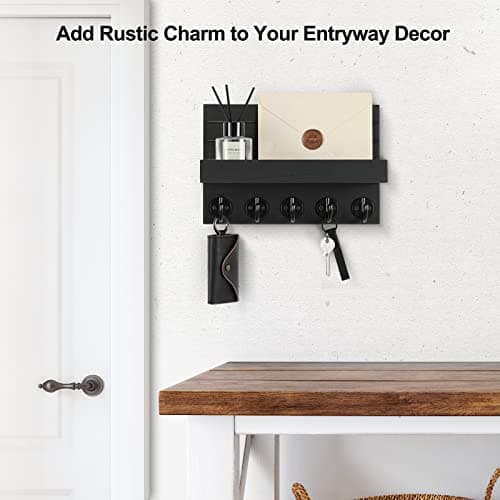 Lwenki Key Holder for Wall, Decorative Key and Mail Holder with Shelf Has Large Hooks for Bags, Coats, Umbrella – Paulownia Wood Key Hanger with Mounting Hardware (9.8”W x 6.7”H x 4.2”D) - Image 4