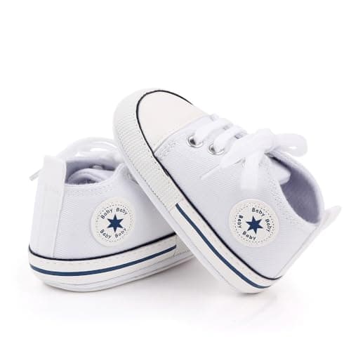 KKIIDDSS Unisex Baby Girls Boys Canvas High-top Shoes, Newborn Infant Anti-Slip Soft Sole Frist Walking Sneakers (A01/White Rubber Sole,0-6 Months) - Image 3
