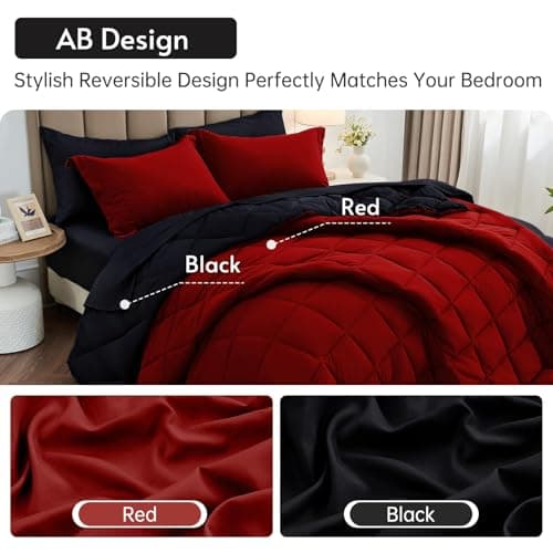 MUXHOMO 7 Pieces Queen Comforter Set, Reversible Bed in a Bag Queen Size, All Season Bedding Set with Comforter, Flat Sheet, Fitted Sheet, Pillowcases & Shams, Red & Black - Image 3