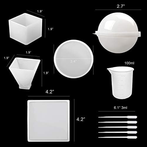Silicone Resin Molds 5Pcs Resin Casting Molds Including Sphere, Cube, Pyramid, Square, Round with 1 Measuring Cup & 5 Plastic Transfer Pipettes for Resin Epoxy, Candle Wax, Soap, Bowl Mat etc - Image 2