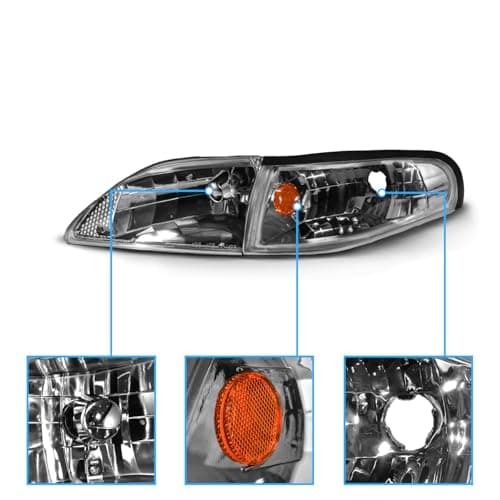 AmeriLite for 1994-1998 Ford Mustang Gun-Metal Replacement Headlights Corner Turn Signal Set - Passenger and Driver Side - Image 3